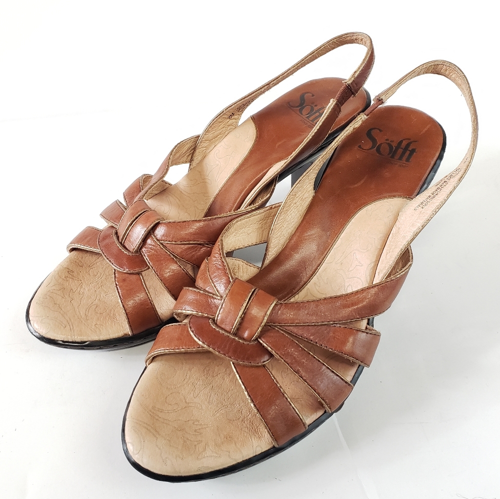 Sofft Cognac Brown Genuine Leather Sling-back Heeled Sandals Size 8
